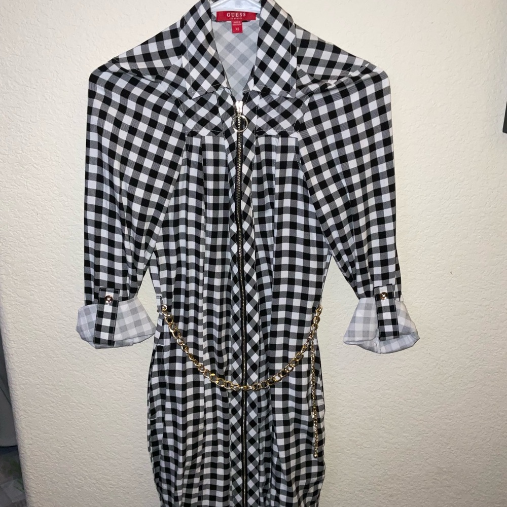 Guess Black and White Checkered Dress with Gold Chain